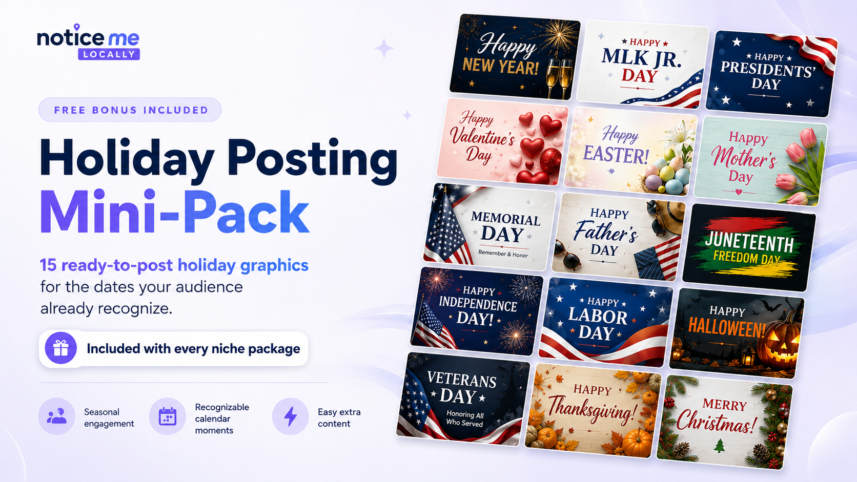 Notice Me Locally Holiday Posting Mini-Pack with 15 ready-to-post holiday social media graphics