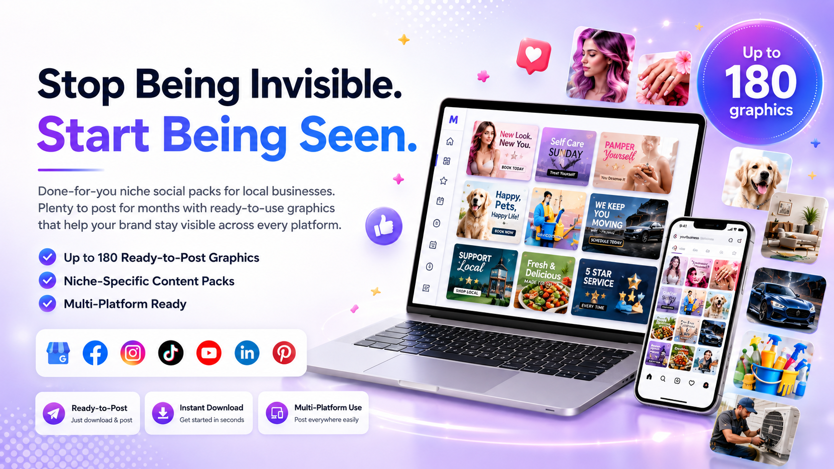 Notice Me Locally niche-specific social media content packs with up to 180 ready-to-post graphics for local businesses